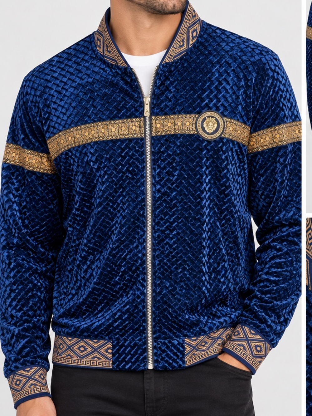 Stacy Adams Men’s Blue Gold Greek Key Medallion Velvet Bomber Jacket Size XL